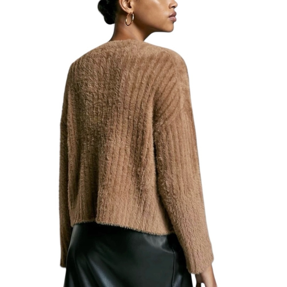 Aritzia Babaton Ulmann V-Neck Sweater Tan Fuzzy Chunky Ribbed Knit Sz S - Picture 12 of 13